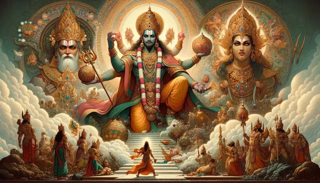 the-essence-of-the-Vaman-Puran-focusing-on-the-story-of-Lord-Vishnus-fifth-avatar-Vamana.-The-artwork-should